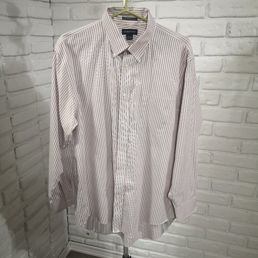 Lands' End Men's Size 17 Burgundy White & Black Stripes No Iron Pinpoint Shirt